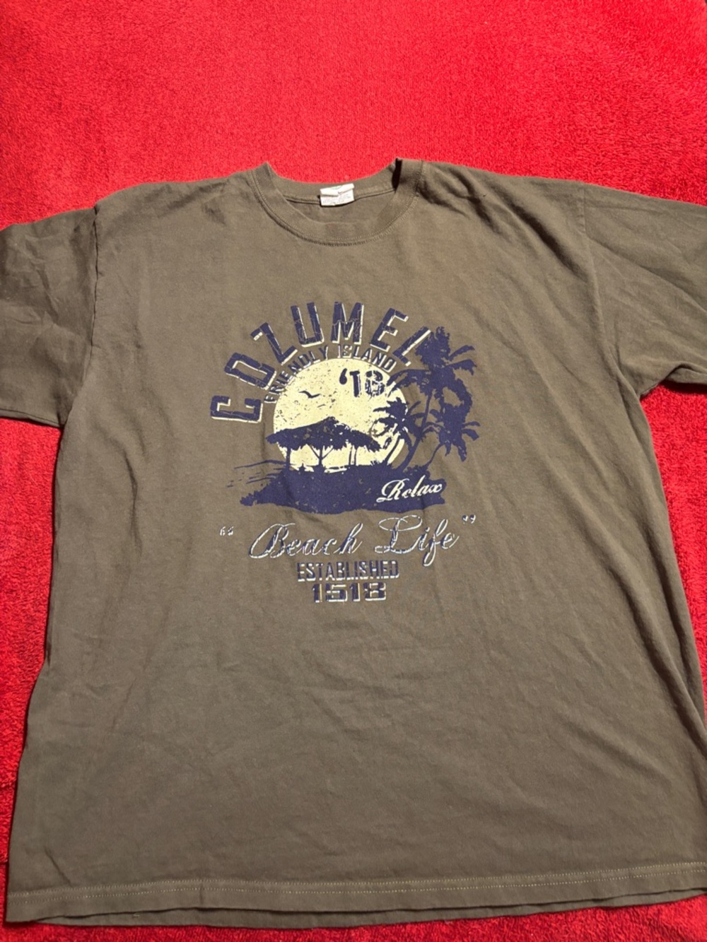 Relaxed Cozumel Beach Life Graphic Tee - Olive Green. Men’s size XL
